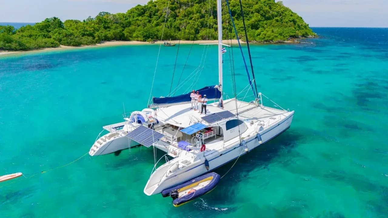 Ferya, 72 ft sailing catamaran departing Ocean Marina