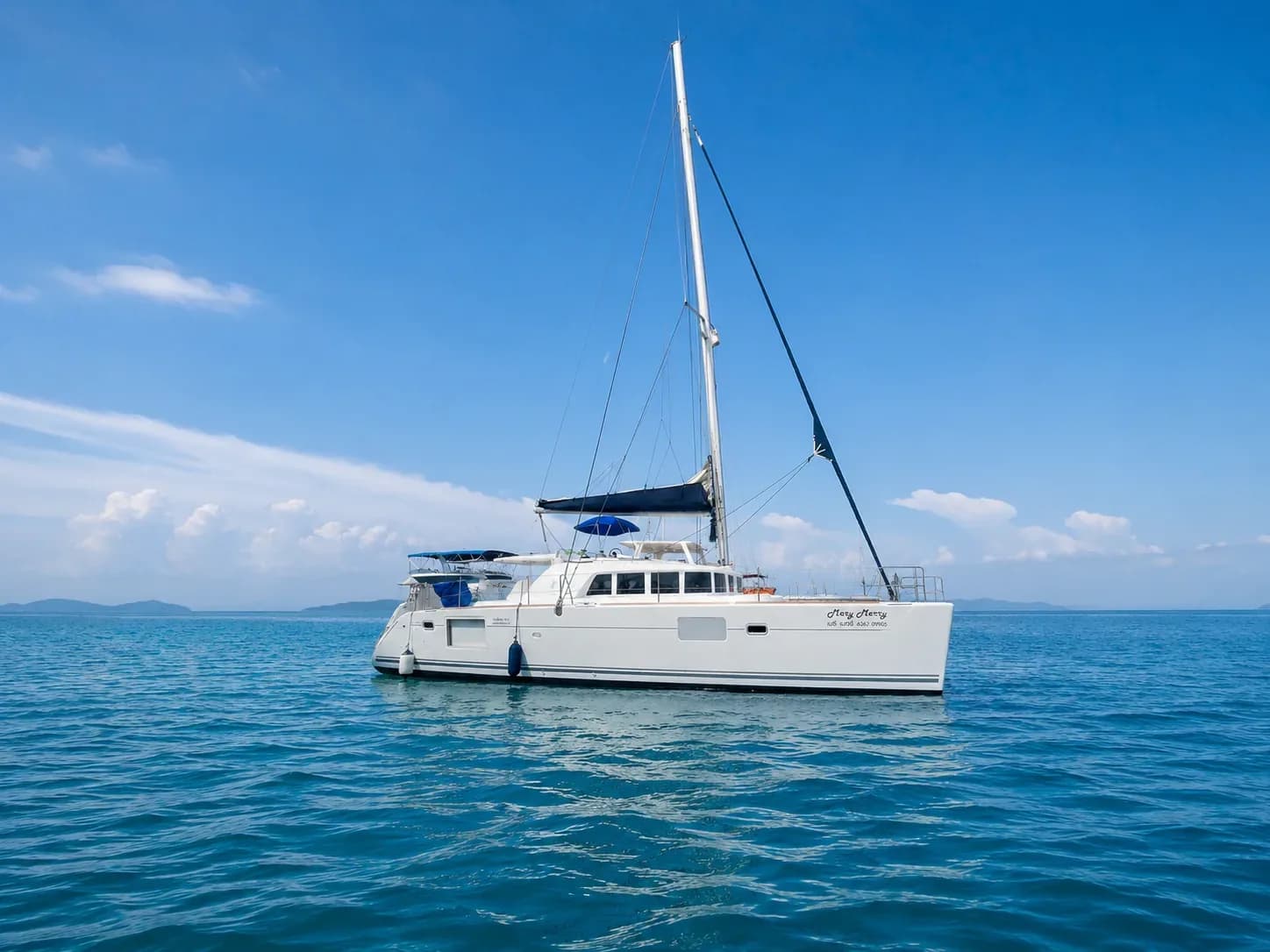 Mary Merry, 44 ft sailing catamaran departing Ocean Marina