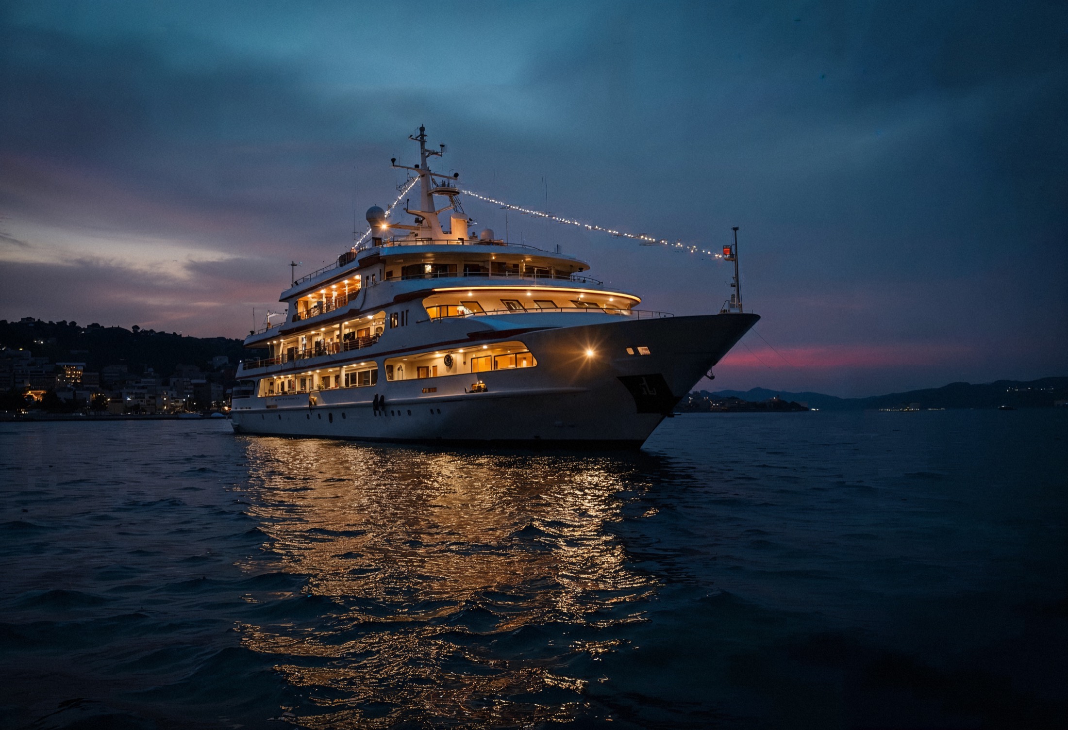 Luxury yacht lit at night